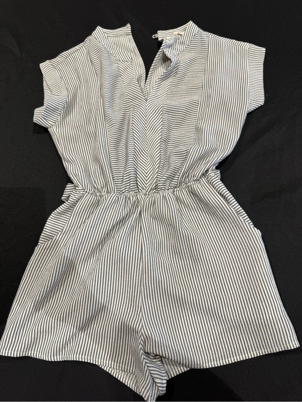 Women Striped Short Sleeve One-Piece Romper in White & Black